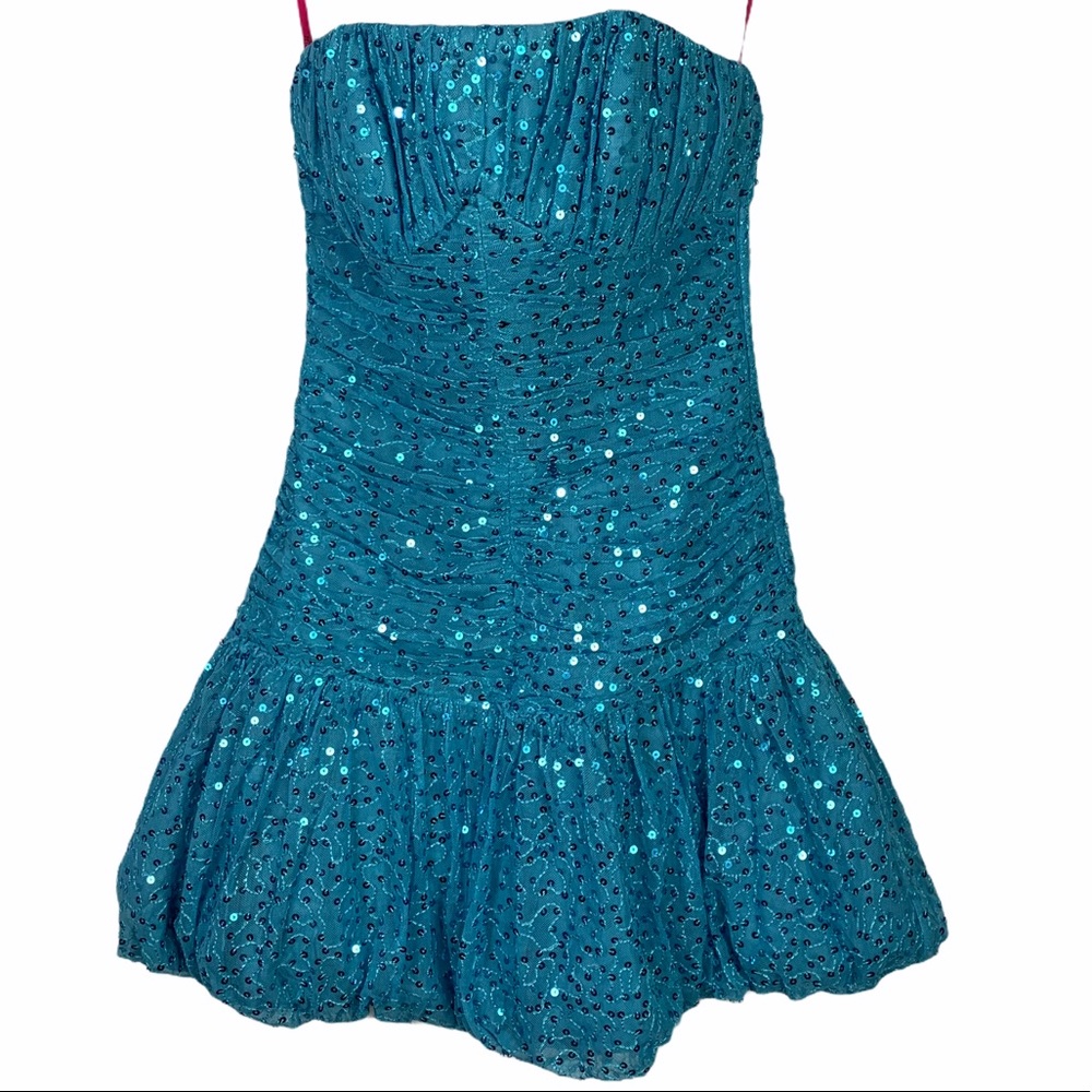 Teal Sequined Strapless Party Dress